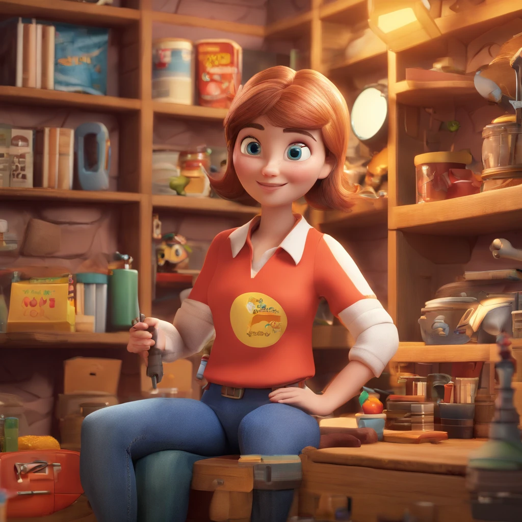 create a 3D movie poster inspired by Disney Pixar, The scene should be in Pixar's signature digital art style, with a caricatured image depicting a craftswoman , com cabelos castanhos e longos, apontando para uma faixa escrito "Atelier Jane Passos".