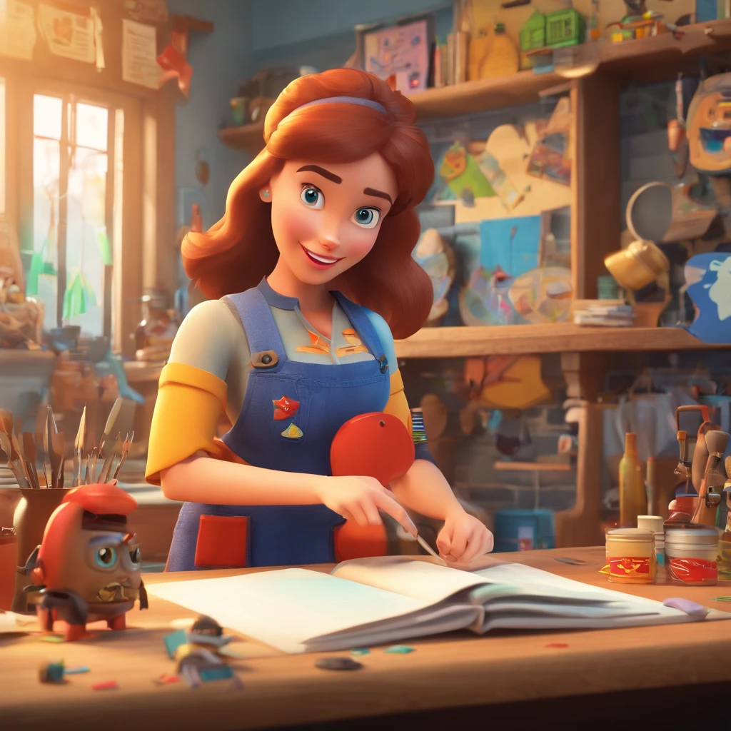 create a 3D movie poster inspired by Disney Pixar, The scene should be in Pixar's signature digital art style, with a caricatured image depicting a craftswoman , com cabelos castanhos e longos, apontando para uma faixa escrito "Atelier Jane Passos".