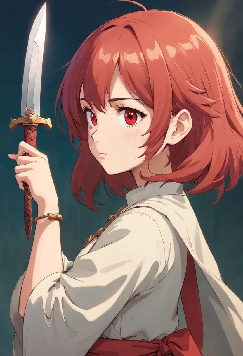 A girl with very short red hair, holding a dagger. Make it a bust and place the dagger somewhere close to her face. Give her rogue like clothing and a scar on her face. Make her mad and smaller eyes. Make her hair really really short, make her mad, and give her battle clothing.