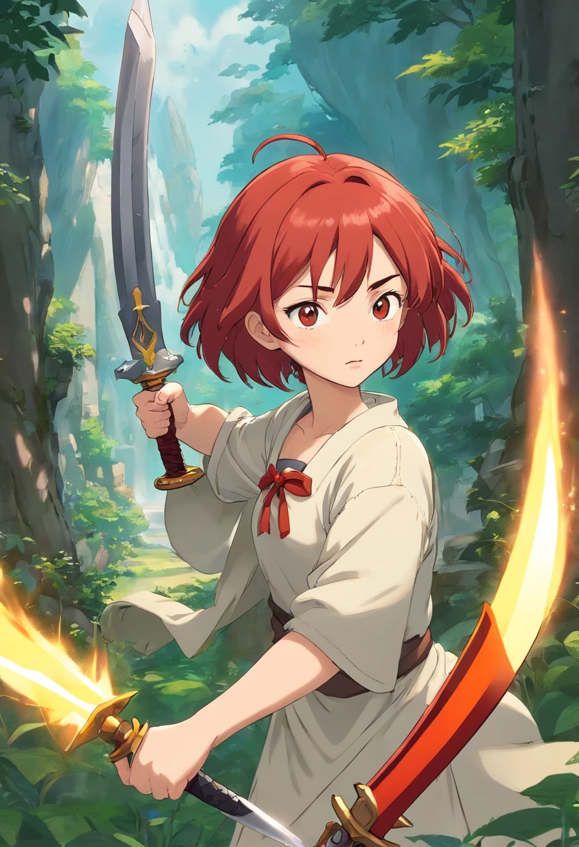 A girl with very short red hair, holding a dagger. Make it a bust and place the dagger somewhere close to her face. Give her rogue like clothing and a scar on her face. Make her mad and smaller eyes. Make her hair really really short, make her mad, and give her battle clothing.