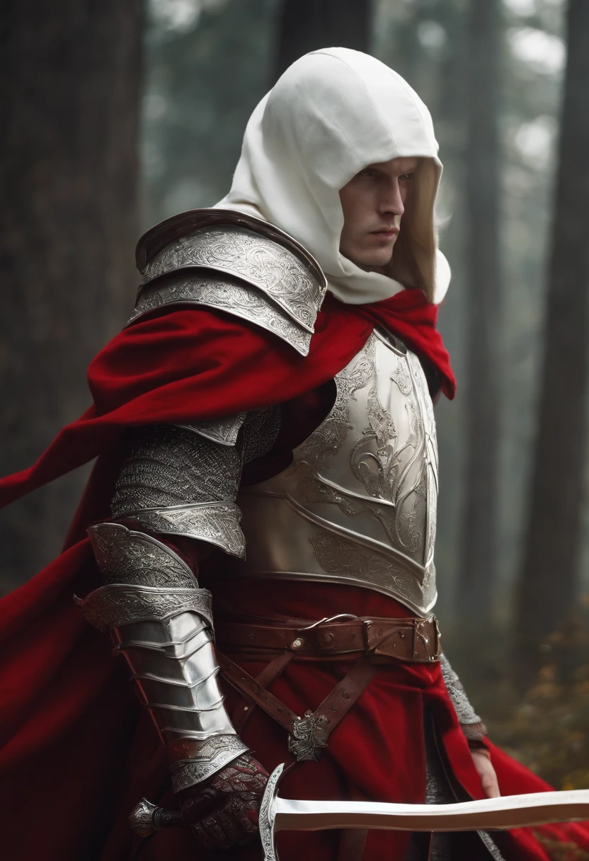 1 male albino knight with long hair, Wearing heavy armor with a red hood、Carrying a long sword