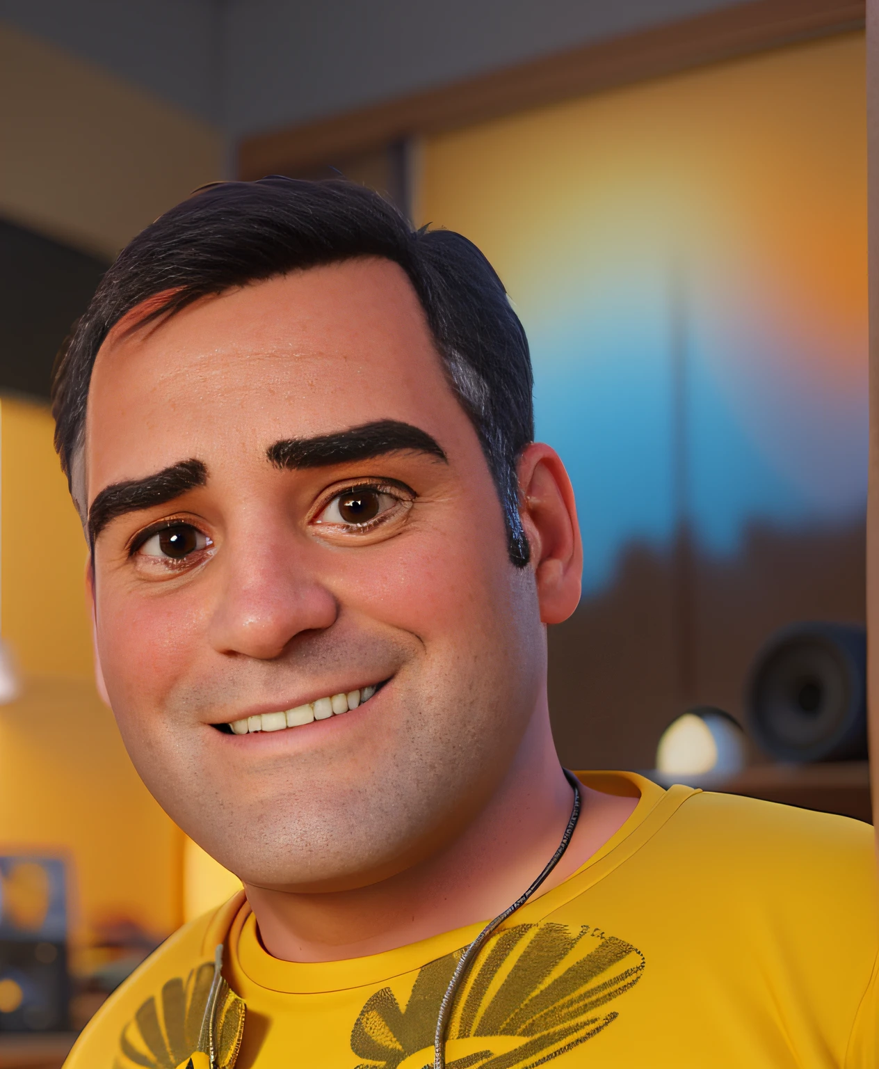 UM HOMEM DE 40 ANOS DE CAMISA AMARELA COM UM BELO SORRISO COM IMAGEM PIXAR-STYLE E UM ESTUDIO DE RADIO AO FUNDO