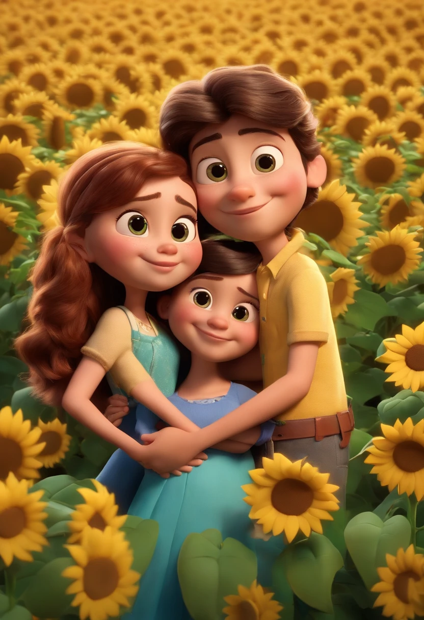Create a Disney PIXAR-style 3D poster. ((centro da imagem, Triplets)), ((3 children)) ((1 menino no meio e 2 meninas ao lado, They're hugging each other, O menino tem pele castanha e cabelos castanhos escuros e olhos castanhos escuros, 1 menina tem pele clara, olhos e cabelos escuros e cacheados, e a outra menina tem pele morena, olhos escuros e cabelos escuros e lisos)) ((tudo isso no estilo Disney PIXAR 3D, In the background, A house of sunflowers, Gloria Studio, The garden is full of nature 3D render RTX clay material, estilo de design cartunesco, POP Mart, soft lighting, linhas suaves, Spring tilt, Detailed illustrations of PIXAR 3D, Detalhes hiper-realistas, cor quente no estilo Disney PIXAR 3D))
