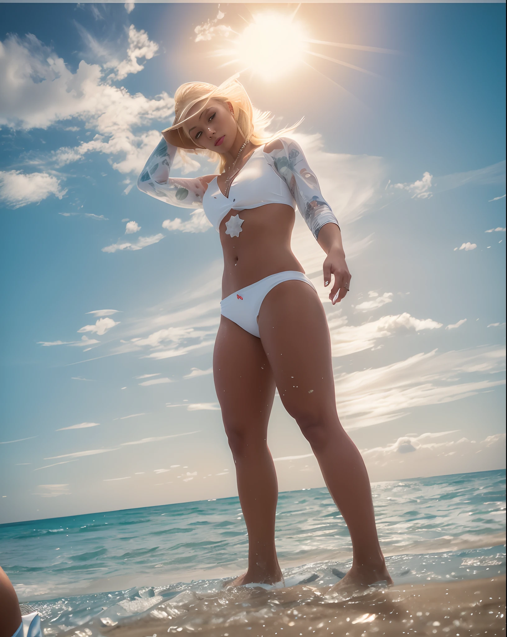 blond woman in a bikini walking on the beach near the ocean, metal bikini, 2 4 year old female model, posing on a beach with the ocean, shiny plastic bikini, swimsuit model, black bikini, bikini model, photo of slim girl model, gorgeous bikini model, young swimsuit model, wearing leather swim suite, perfect white haired girl, is wearing a swimsuit