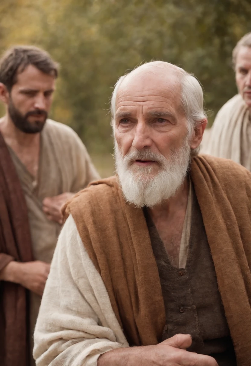 Old Sick man with skin ulcers man talking with friends, Biblical characters from the New Testament of the Bible,