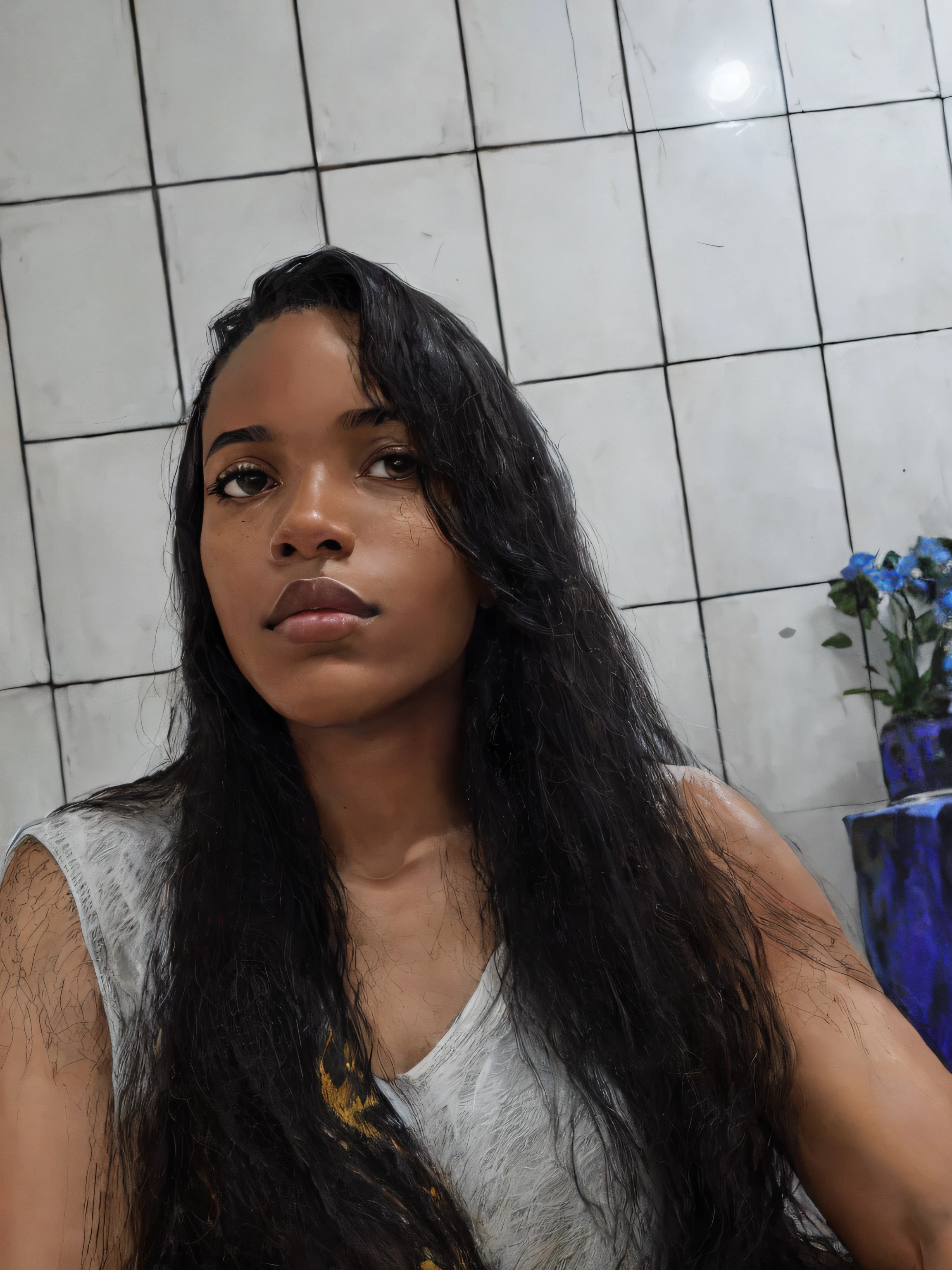 black woman with the Brazil shirt sitting with her legs entwined and with her hand on a jaguar painting