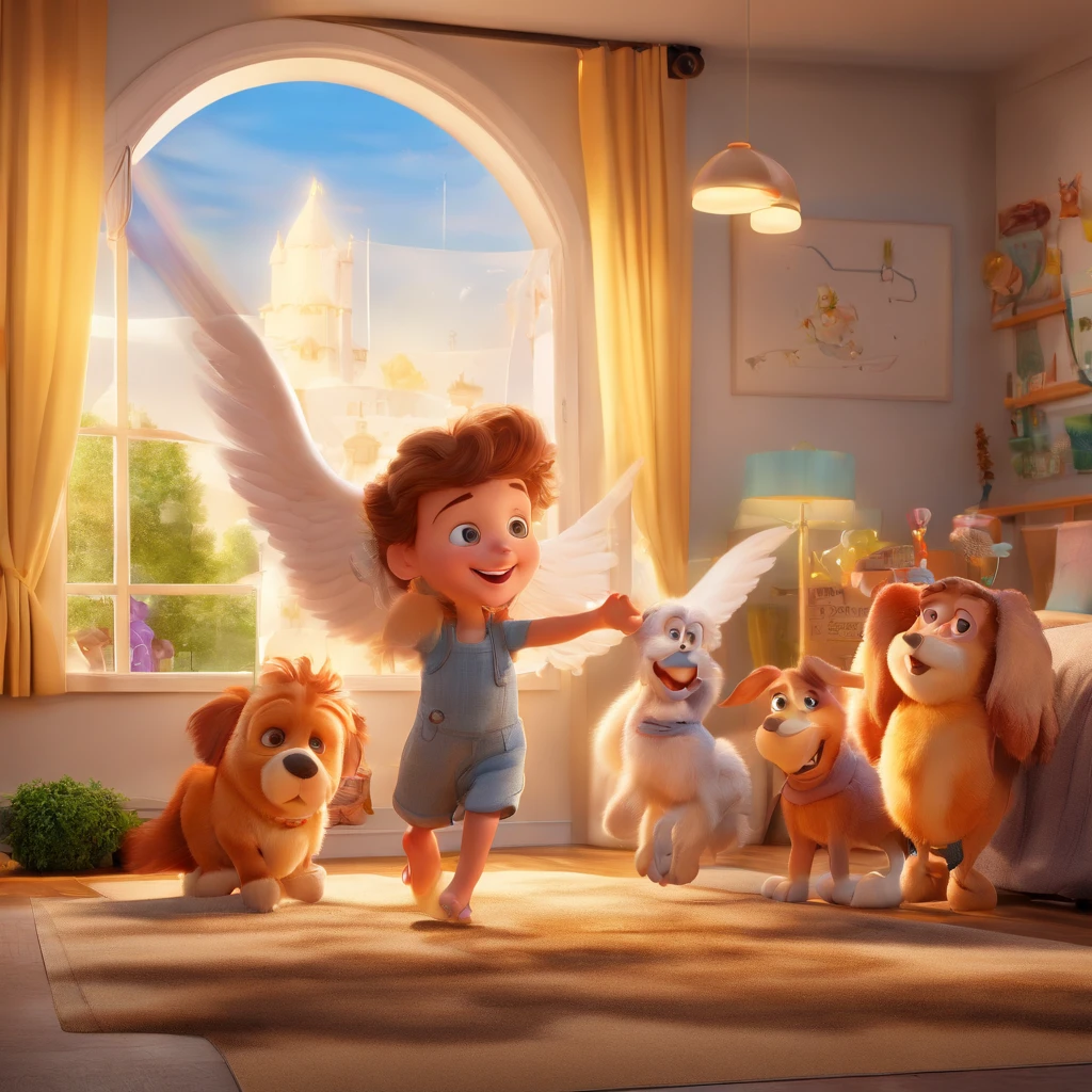 create a 3D movie poster inspired by Disney Pixar, The scene of children surrounded by angels,who are in your protection.