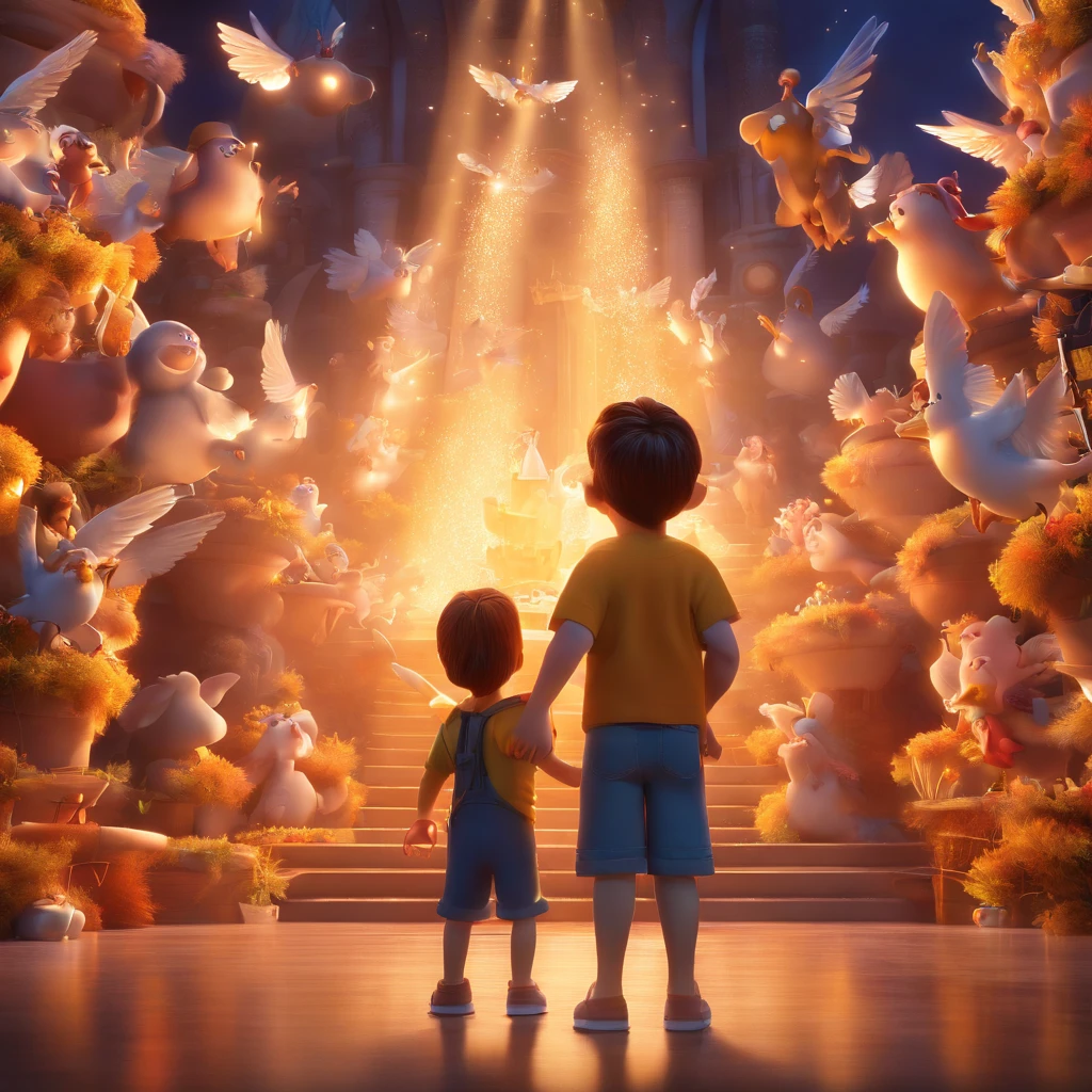 create a 3D movie poster inspired by Disney Pixar, The scene of children surrounded by angels,who are in your protection.