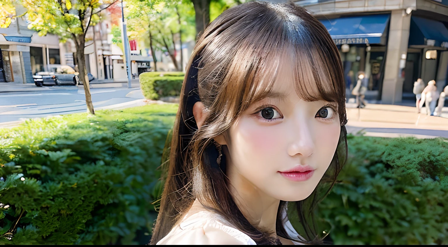 (8k, RAW Photos, highest quality, Tabletop:1.2), (Realistic, Realistic:1.4), (Highly detailed 8K wallpapers), Sharp focus, Written boundary depth, movie lighting, Soft Light, Beautiful eyes in every detail,Shiny smooth light brown, Asymmetrical bangs, Shiny skin, Highly detailed skin ,High resolution, Attention to detail, detailed hairstyle, Beautiful face in every detail, Ultra-realistic, Perfect limbs, Perfect Anatomy ,1 Japanese girl,Famous idols of Japan, Perfect female body,smile,short eyelashes,double eyelid,Look straight here,((semi-long:1.6)),So that the whole body is reflected,street,Stand up straight and pose,So that the whole body is reflected,Close up of face looking straight at me