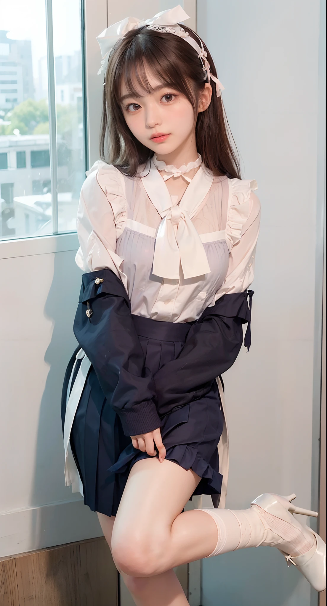 (((Kamimei、Mouth ajar))),(((((pencil skirts、frombelow、Standing on one leg、sockes、Navy blue skirt suit、side slits、White ruffled blouse with ribbon、high-heels、raise her legs))))),((In the office、In the company、In the reception room、frombelow))、masutepiece, 1girl in, best qualtiy, Ultra Detail, (shiny), (Small)、(((with blush cheeks,))),Ray tracing,Perfect Lighting, (milky skin:1.2),reflection, up looking_で_viewer, blush, bow ribbon, yellow_Eyes, White choker, Low_Twin-tailed、Japan's cutest 28-year-old beautiful girl、Small ribbons in the hair、Contrast Legs