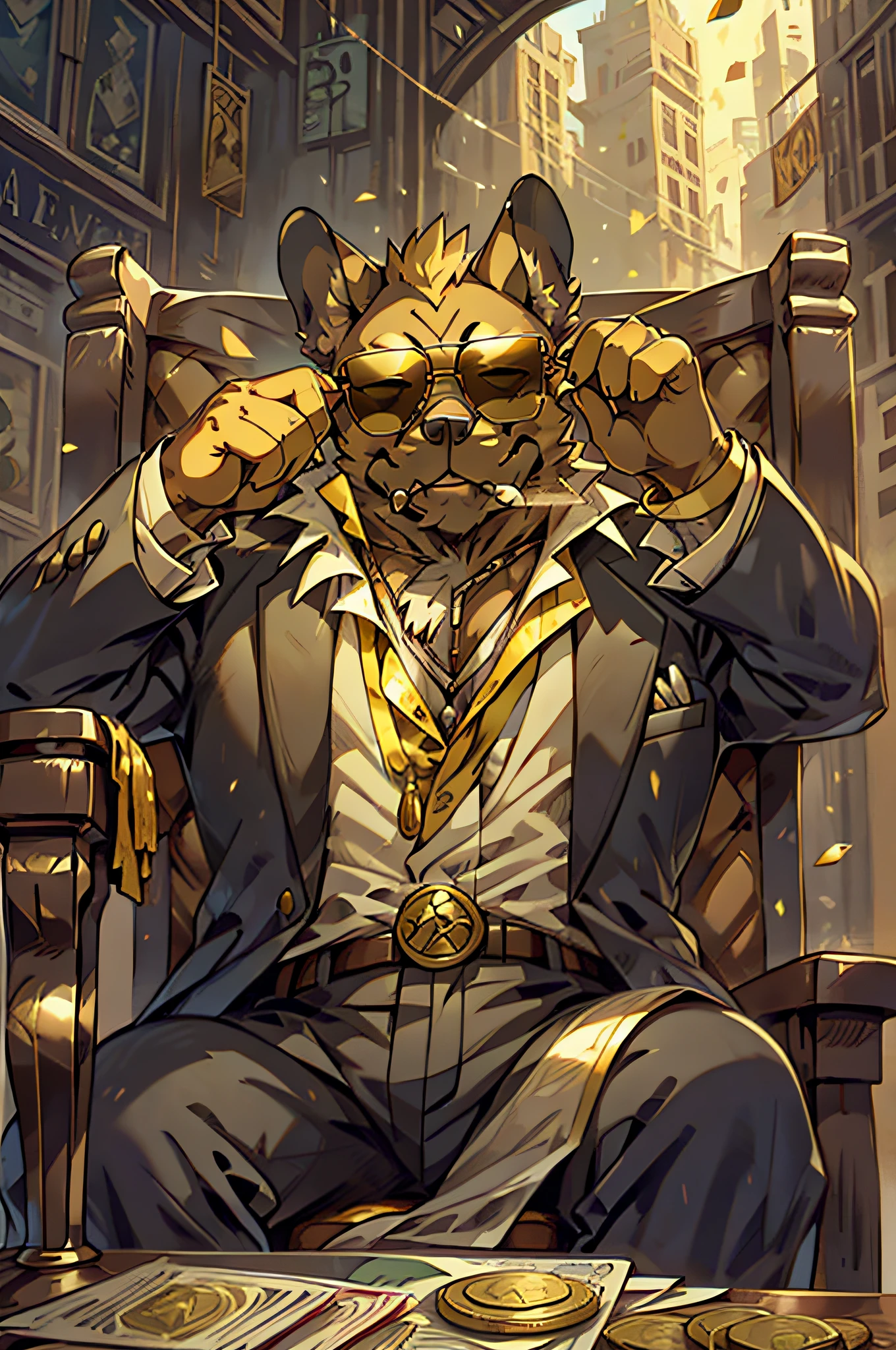 Wear sunglasses、A French bulldog with a cigar and a mafia boss sit in a chair with armrests.、Gold coins fall from the sky、Vintage Sepia Photography