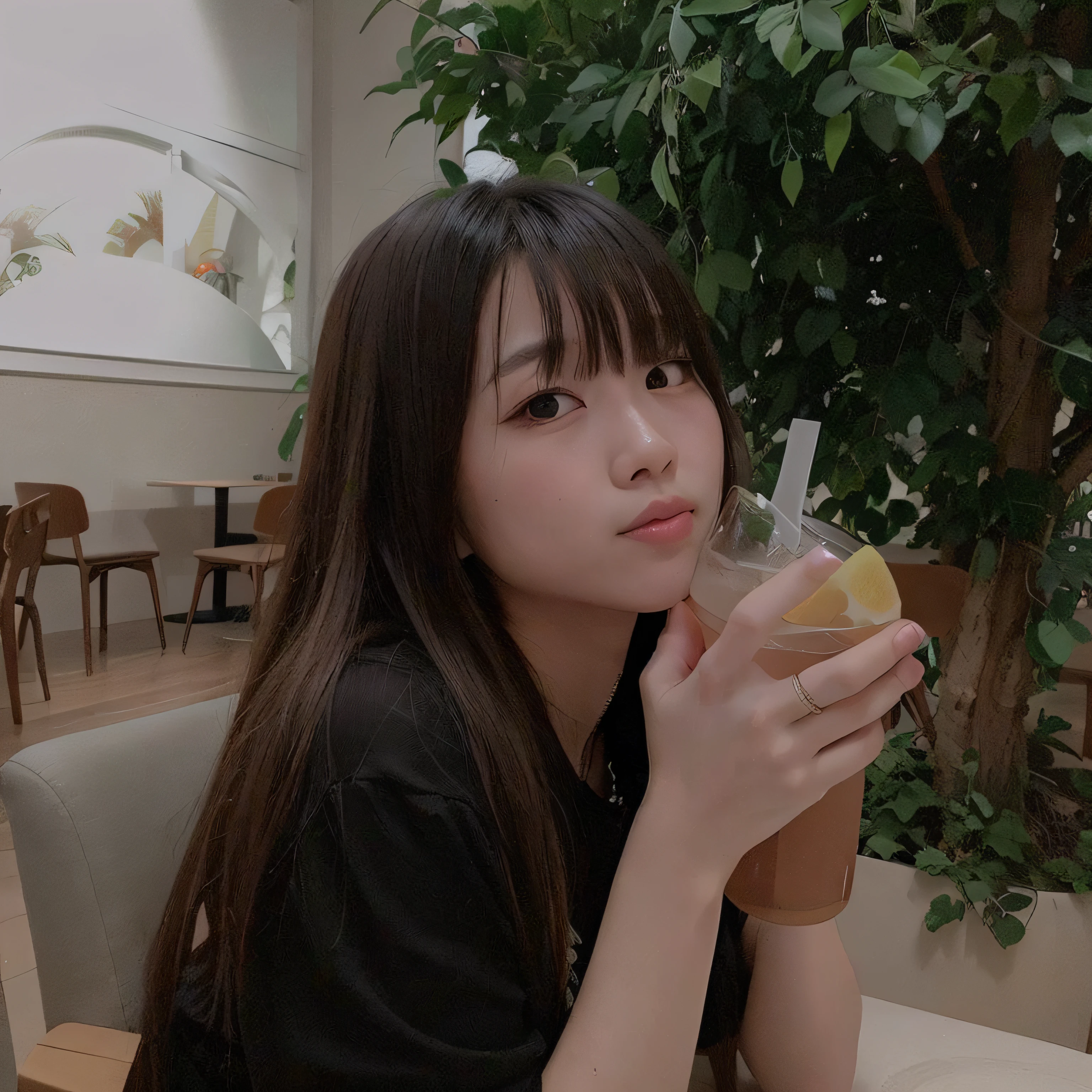 there is a woman sitting at a table with a drink, ulzzang, dang my linh, lalisa manobal, with a drink, ruan cute vtuber, with apple, with long hair, straw, with bangs, 19-year-old girl, 🤤 girl portrait, lofi girl, sakimichan, jaeyeon nam