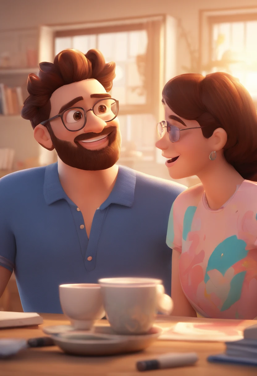 An illustration of an adorable couple, Highlight for a brunette man and a brunette woman with beautiful black glasses and expressive eyes – the man's skin is light brown and the man's hair is short and black, com topete, while the woman's skin is brown, with glasses on his face and the woman's curly brown hair. They are a bright room, cada um com um sorriso no rosto, e compartilhar um momento especial caracterizado pelo amor, Insights. Illustrate this scene from a perspective where they are facing the camera, Smiling and Showing Your Connection. Desenvolva esta arte em Full HD, Focus on your cinematic touch, Estilo Disney Pixar Animations