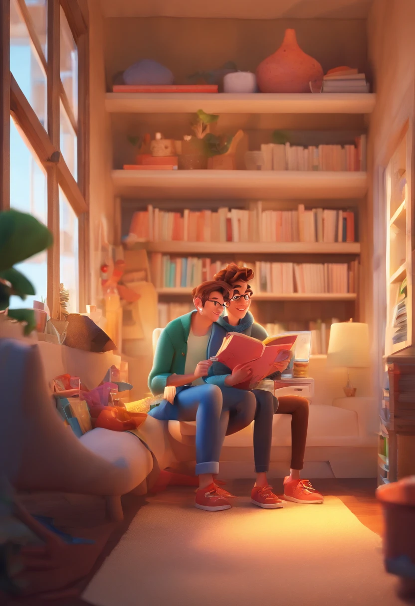 An illustration of an adorable couple, Highlight for a brunette man and a brunette woman with beautiful black glasses and expressive eyes – the man's skin is light brown and the man's hair is short and black, com topete, while the woman's skin is brown, with glasses on his face and the woman's curly brown hair. They are a bright room, cada um com um sorriso no rosto, e compartilhar um momento especial caracterizado pelo amor, Insights. Illustrate this scene from a perspective where they are facing the camera, Smiling and Showing Your Connection. Desenvolva esta arte em Full HD, Focus on your cinematic touch, Estilo Disney Pixar Animations