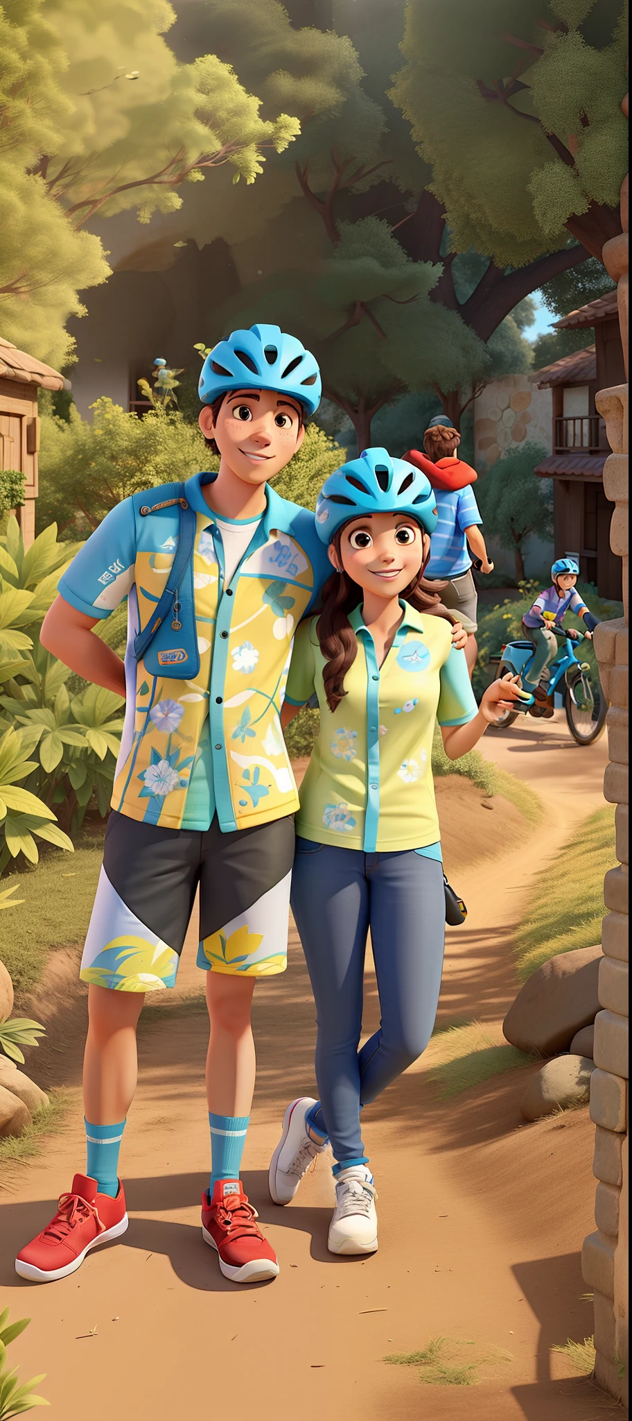 Casal de ciclistas felizes na trilha, com camisa escrito pedal Brother's, estilo Disney pixar.