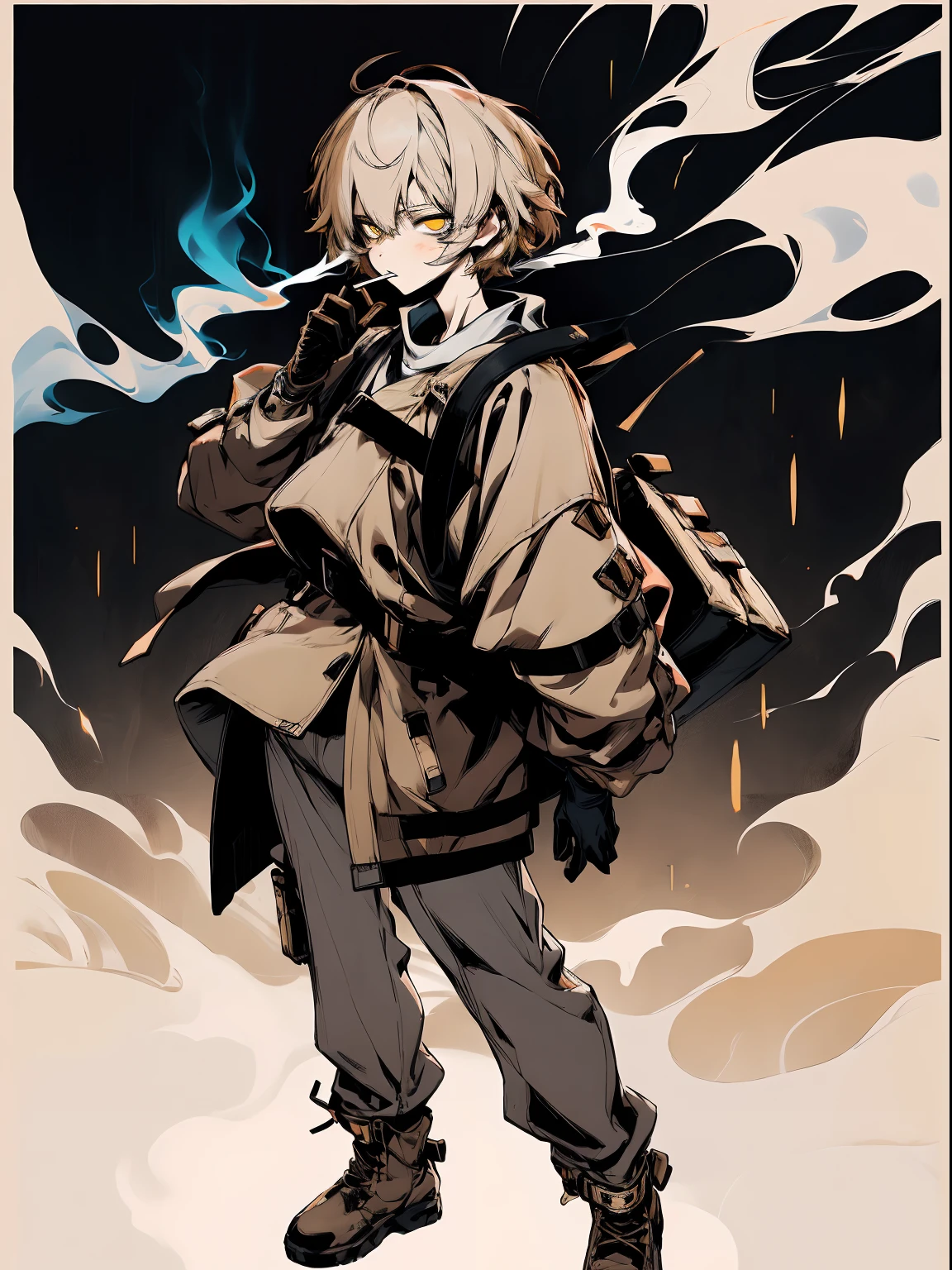 simplebackground,femele,Sexy body,Wearing a heavy blue coat outside,Wearing motorcycle gloves,Brown jeans,Short beige hair,Bandages wrapped around his head,The expression is serious,There are many injections in the medical satchel on his side,smoking girl,Full body like,Stand up,Golden eyes,Lots of detail,illustration,CG,quadratic element,high qulity,tmasterpiece,Cyberworld,jk style,smoking girl,bags under eyes,eyeliner,makeup
