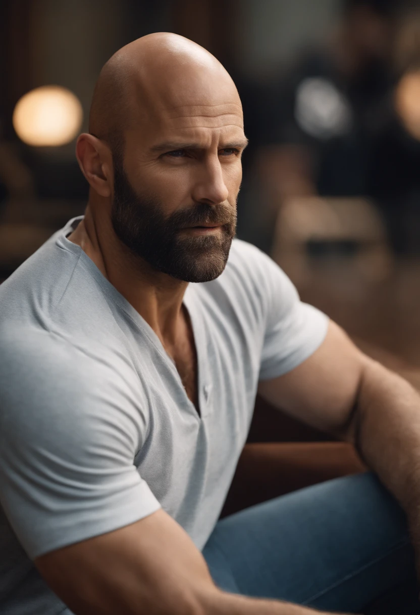 Image of a man for a story in a YouTube video in Pixar format, He's almost-bald, Tem barba rala, se parece muito com Jason Statham e tem olhar sedutor. Tem 40 anos, But he shows a very young spirit and at the same time he is a very serious and responsible man. Usa uma camiseta preta, e tem olhos muito expressivos