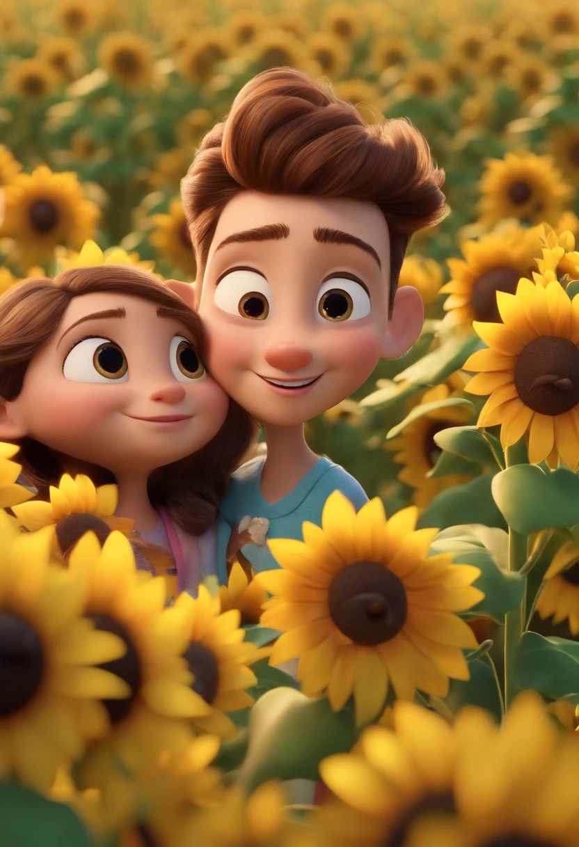 Create a Disney PIXAR-style 3D poster. ((centro da imagem, Triplets)), ((3 children)) ((1 menino no meio e 2 meninas ao lado, They're hugging each other, O menino tem pele castanha e cabelos castanhos escuros e olhos castanhos escuros, 1 menina tem pele clara, olhos e cabelos escuros e cacheados, e a outra menina tem pele morena, olhos escuros e cabelos escuros e lisos)) ((tudo isso no estilo Disney PIXAR 3D, In the background, A house of sunflowers, Gloria Studio, The garden is full of nature 3D render RTX clay material, estilo de design cartunesco, POP Mart, soft lighting, linhas suaves, Spring tilt, Detailed illustrations of PIXAR 3D, Detalhes hiper-realistas, cor quente no estilo Disney PIXAR 3D))