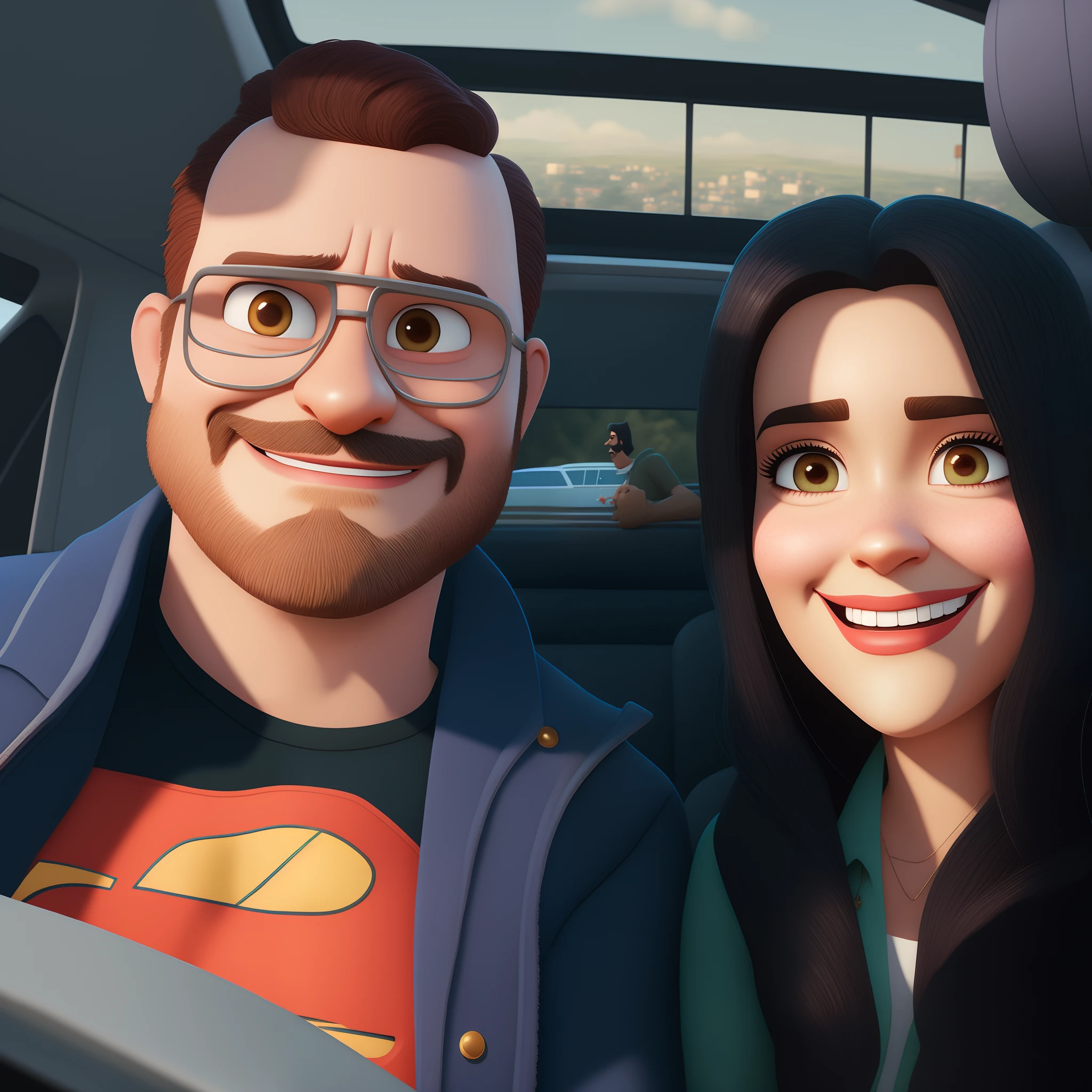 Man and woman in a car with beard and sunglasses, animation movie still, animation film, animated film, animado ainda, 3 d animated movie, pixar retrato 8 k foto, filme fotorrealista ainda, filme realista ainda, animation movie still, filme ainda 8K, pixar renderman render, filme animado filmado, desenho animado ainda, cena de filme animado