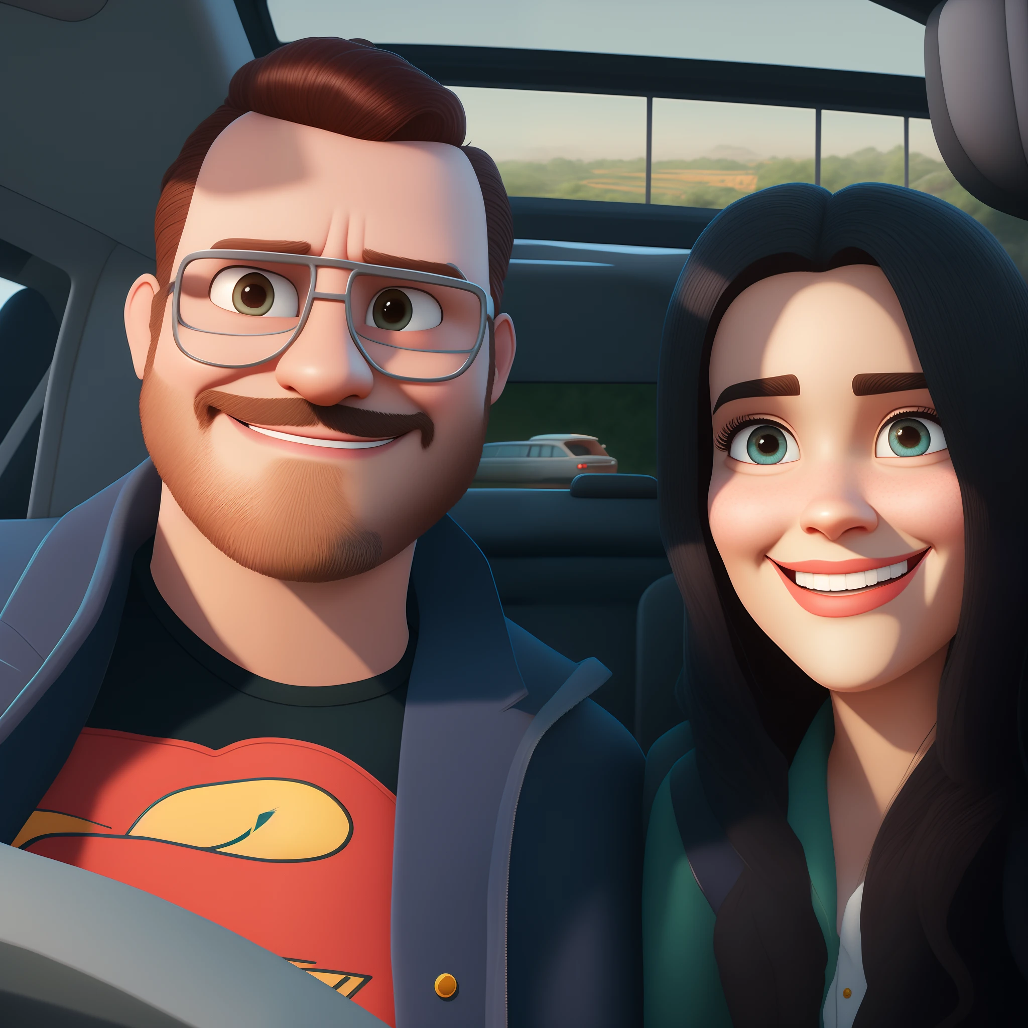 Man and woman in a car with beard and sunglasses, animation movie still, animation film, animated film, animado ainda, 3 d animated movie, pixar retrato 8 k foto, filme fotorrealista ainda, filme realista ainda, animation movie still, filme ainda 8K, pixar renderman render, filme animado filmado, desenho animado ainda, cena de filme animado