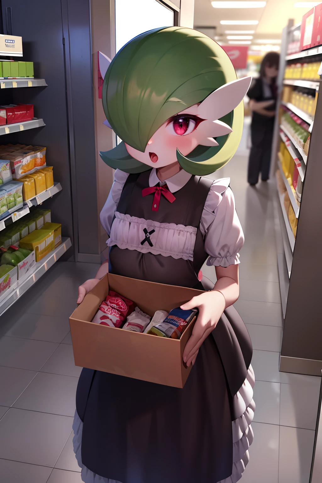 obra maestra, best_quality, 1girl, solo, gardevoir, pokemon \(criatura\), cabello verde, ojos rojos, vestido de sirvienta, supermarket, de perfil, en un supermarket, vista lateral, sosteniendo una caja, (((embarazada))), gardevoir embarazada, [junto a un carrito de supermercado], senos medianos, senos marcados, maid uniform, maid uniform black, [uniforme completo], voltea la mirada, escena vista en tercera persona.