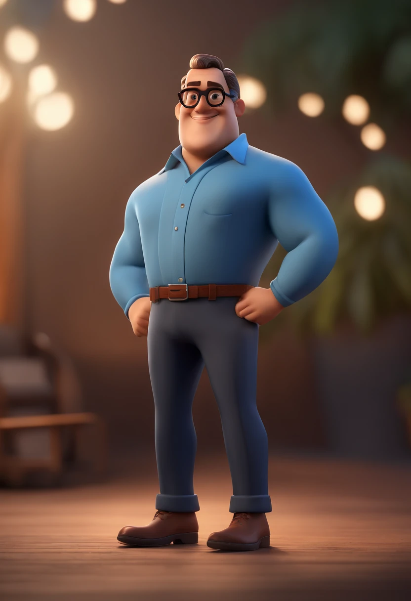 Cartoon character of a man with black glasses and a blue shirt, animation character, Caractere estilizado, animation style rendering, 3D estilizado, Arnold Maya render, 3 d render stylized, toon render keyshot, Personagem 3D, Personagem 3D, 3d rendering stylized, 3 d character render, personagem de desenho animado, Personagem de close up, Pose de personagem,  (Estilo Pixar) (master part:1.2) (Bokeh) (best quality) (pele detalhada) (textura detalhada) (8k) (argila) (Cinematic lighting) (foco nítido