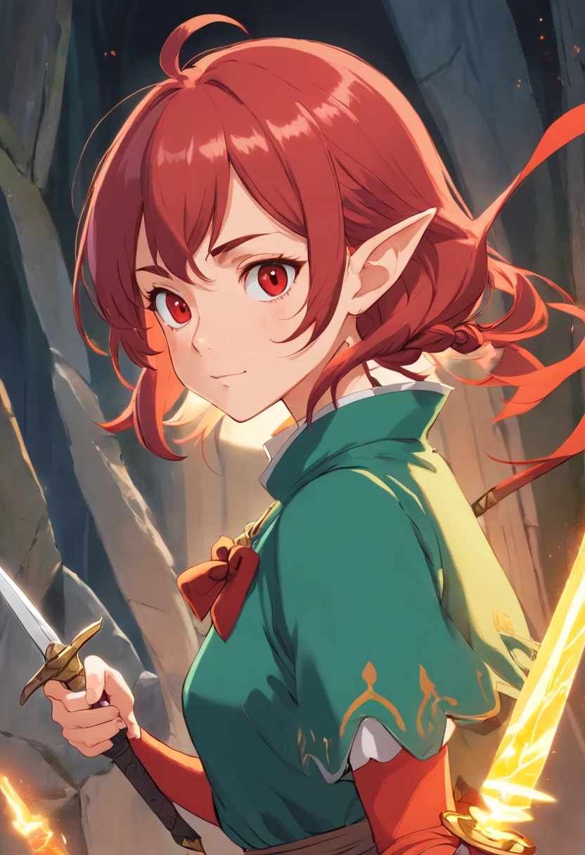An elf girl with very short red hair, holding a dagger. Make it a bust and place the dagger somewhere close to her face. Give her rogue like clothing and a scar on her face. Make her mad and smaller eyes. Make her hair really really short, like boys hair, make her mad, and give her battle clothing.