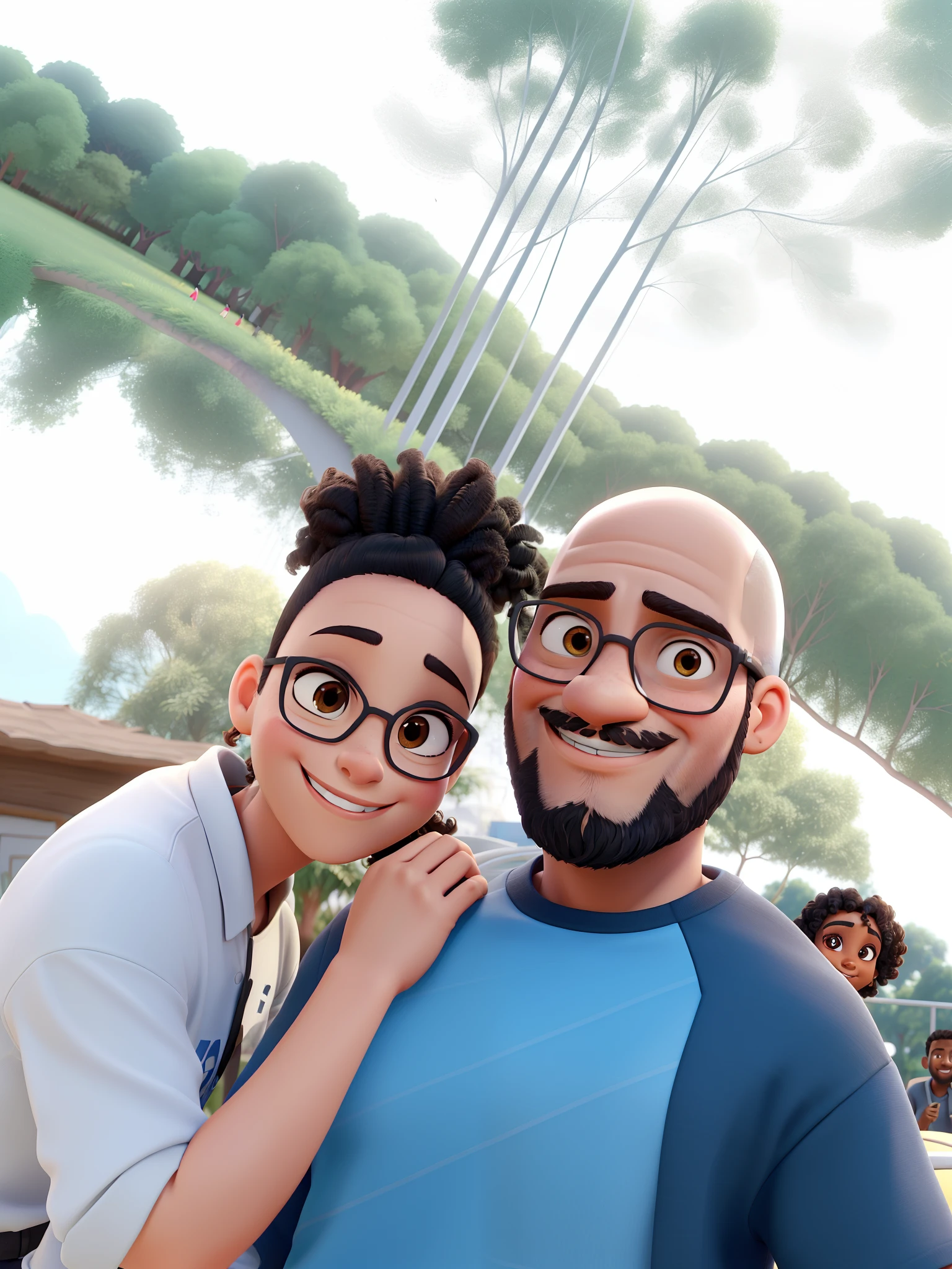 An illustration of an adorable couple, Destaque para um homem negro, the bald man with a smiling thin beard and a black woman with beautiful expressive eyes - the man's skin is black and the man's hairless , while the woman's skin is black and the woman's hair is curly and dark brown. They are a bright room, cada um com um sorriso no rosto, e compartilhar um momento especial caracterizado pelo amor, Insights. Illustrate this scene from a perspective where they are facing the camera, Smiling and Showing Your Connection. Desenvolva esta arte em Full HD, Focus on your cinematic touch, Estilo Disney Pixar Animations