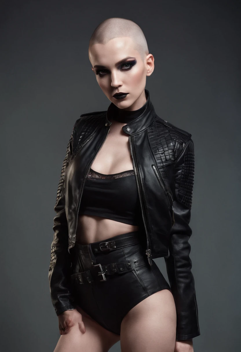 Beautiful mohawk haircut woman dressed in leather jacket and fishnet bodysuit sitting spread legs, black make-up, techno aesthetic, sensual pose, ultra detailed, photorealistic, masterpiece.
