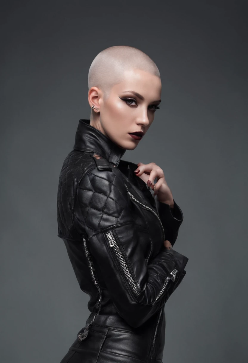 Beautiful shaved head woman with piercings dressed in leather jacket and fishnet bodysuit posing for a photo in a dark studio, black make-up, techno aesthetic, sensual pose, ultra detailed, photorealistic, masterpiece.