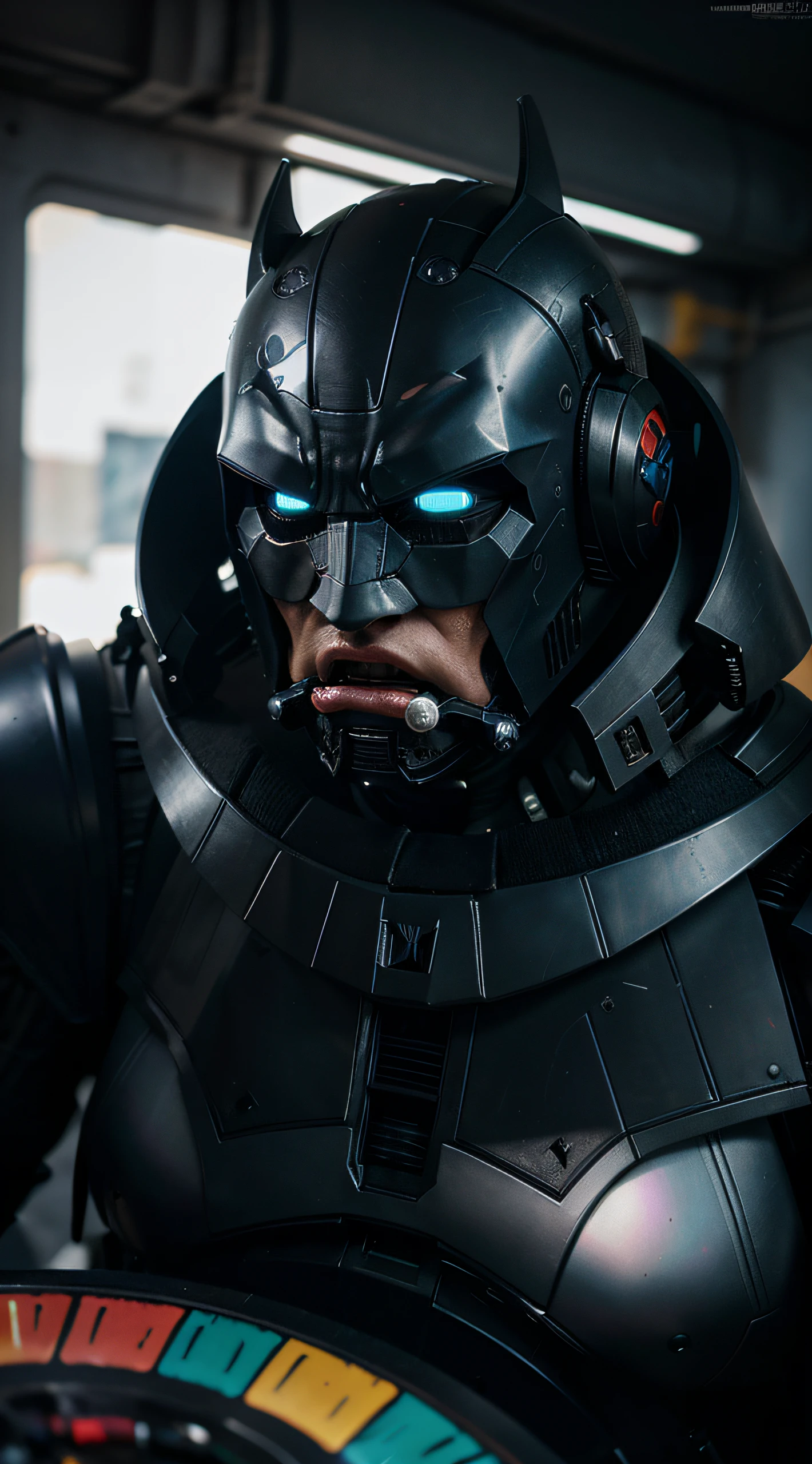 /imagine prompt: Close-up, Angry Yelling Face, Dark Knight android, poster-like, opalescent colors::1 Angry Yelling all-plate droid Knight, exuding an inimitable allure by Vitaly Bulgarov