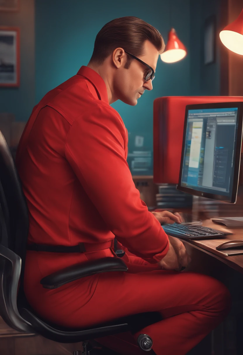 A businessman in red overalls sitting in his chair elegantly working on computer in Pixar style