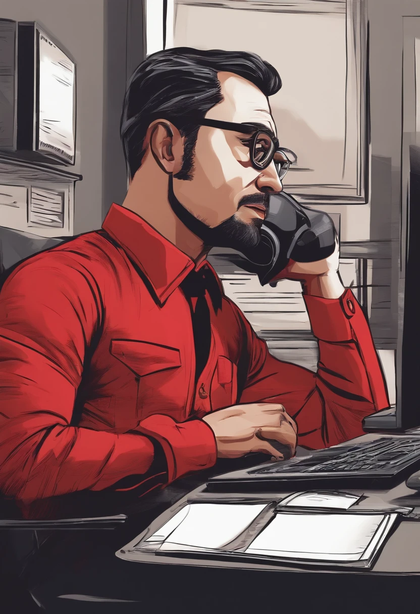 A businessman in red overalls sitting in his chair elegantly working on computer in Pixar style