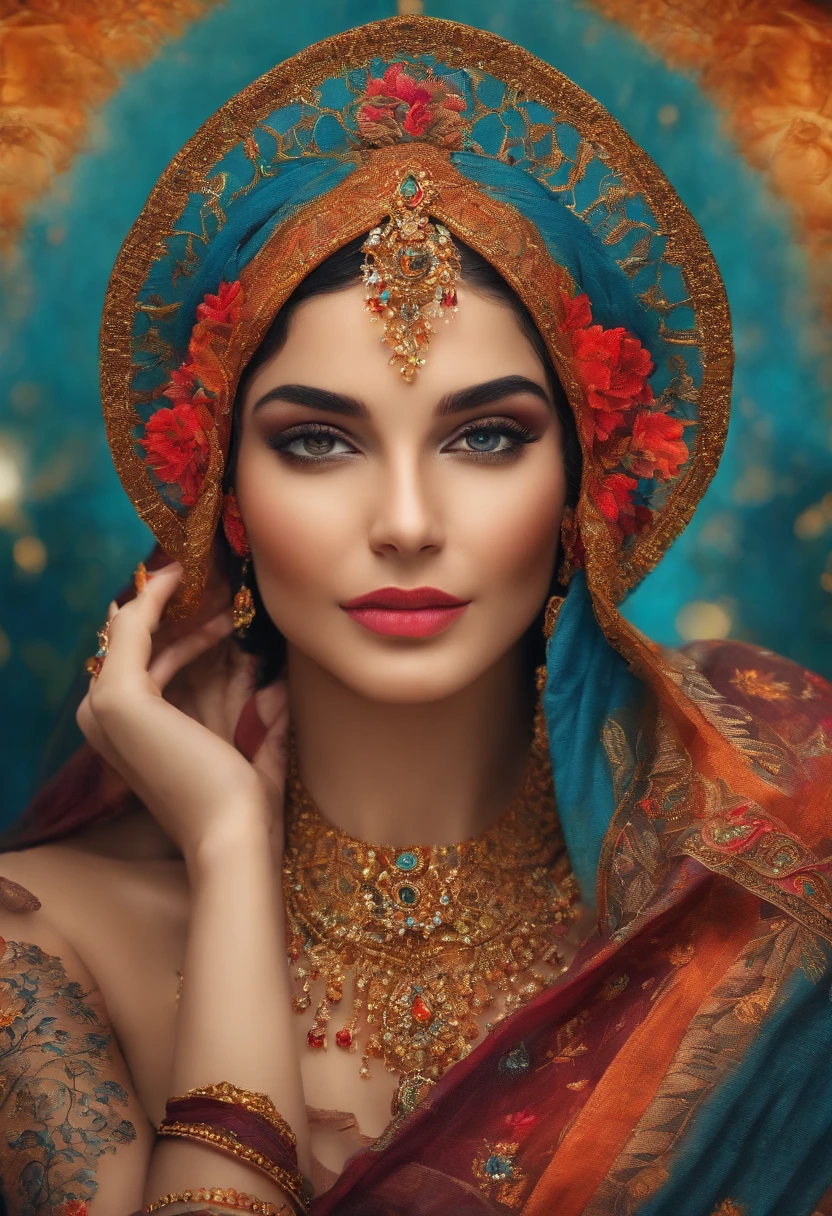 (cigana sulamita )) milhões de rosas amarelas e vermelhas , Ergue-se alto e mostra sua figura perfeita em todos os momentos cobre todo o corpo Vesti-se em uma linda saia rodada longa colorida, blusa bufante cheia de babados ((Cenário floresta )), super bonita, 8K realista , ((cabelos negros)), pele-Morena-Dourada, olhos negros, Corpo muscular ultrarrealista, vesti-se com uma roupa de cigana mágica , com um toque mágico e místico, com cabelo estilo slime , portanto, inspirado em Izzy Medrano, 3D 18K UHD., pulseiras douradas, , brincos dourados ,16k, Elementos: Terra 8K UHD SURREAL. Beautiful stunning woman adorned in ornate, colorful jewelry and clothing that appears to be inspired by"gypsy" style. She has long, dark curly hair with flowers tucked into it. Her makeup emphasizes her eyes, and she's wearing large, dangling earrings and multiple necklaces with colorful beads and pendants. The woman's clothing includes vibrant fabrics with patterns. The overall aesthetic is very bohemian and romantic, evoking a free-spirited, nomadic culture. The lighting in the image is warm, giving it a rich, golden glow that enhances the romantic atmosphere.woman adorned in ornate, colorful jewelry and clothing that appears to be inspired by Romani or "gypsy" style. She has long, dark curly hair with flowers tucked into it. Her makeup emphasizes her eyes, and she's wearing large, dangling earrings and multiple necklaces with colorful beads and pendants. The woman's clothing includes vibrant fabrics with patterns. The overall aesthetic is very bohemian and romantic, evoking a free-spirited, cigana culture. The lighting in the image is warm, giving it a rich, golden glow that enhances the romantic atmosphere UHD 18K.