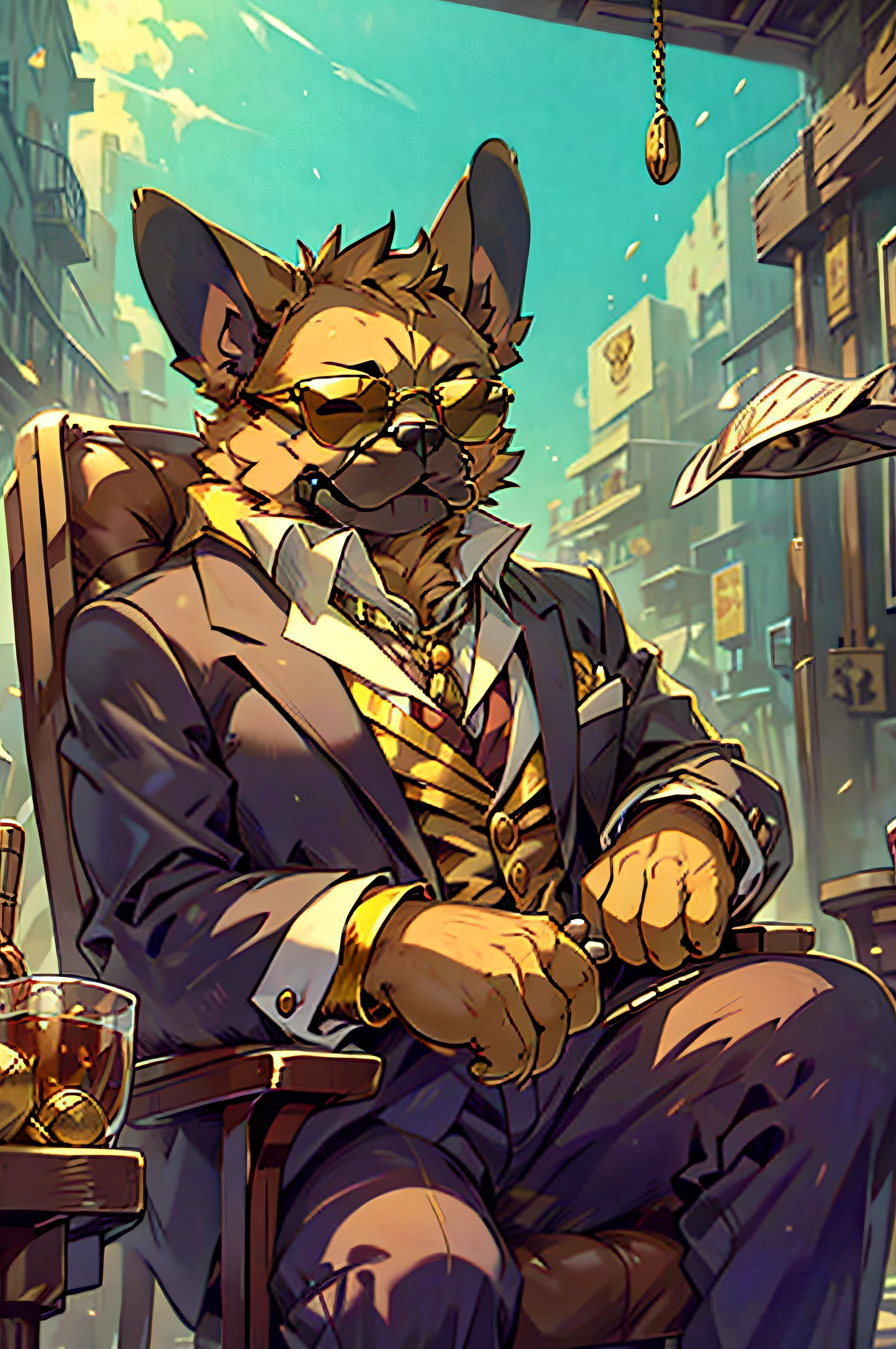 Wear sunglasses、A French bulldog with a cigar and a mafia boss sit in a chair with armrests.、Gold coins fall from the sky、Vintage Sepia Photography