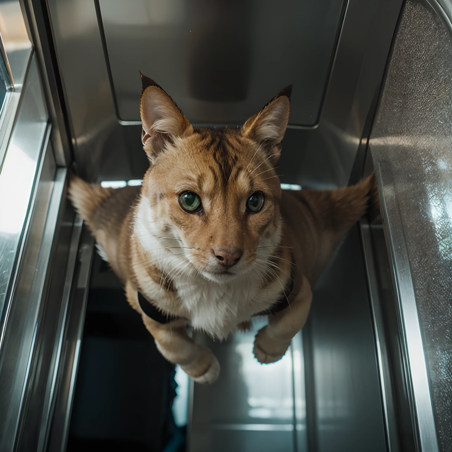 Loki  in a elevator fish eye angle from the top