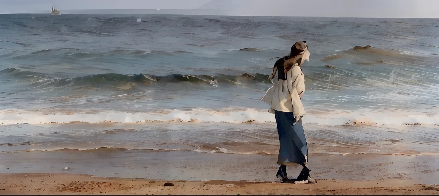 there is a woman standing on the beach looking out at the ocean, Have by the sea, standing at the beach, girl looking at the ocean waves, stand on sand, standing on the sea side, standing next to water, Standing near the beach, Have by the sea, Walking on the beach, in the beach, on  the  beach, looking at the ocean