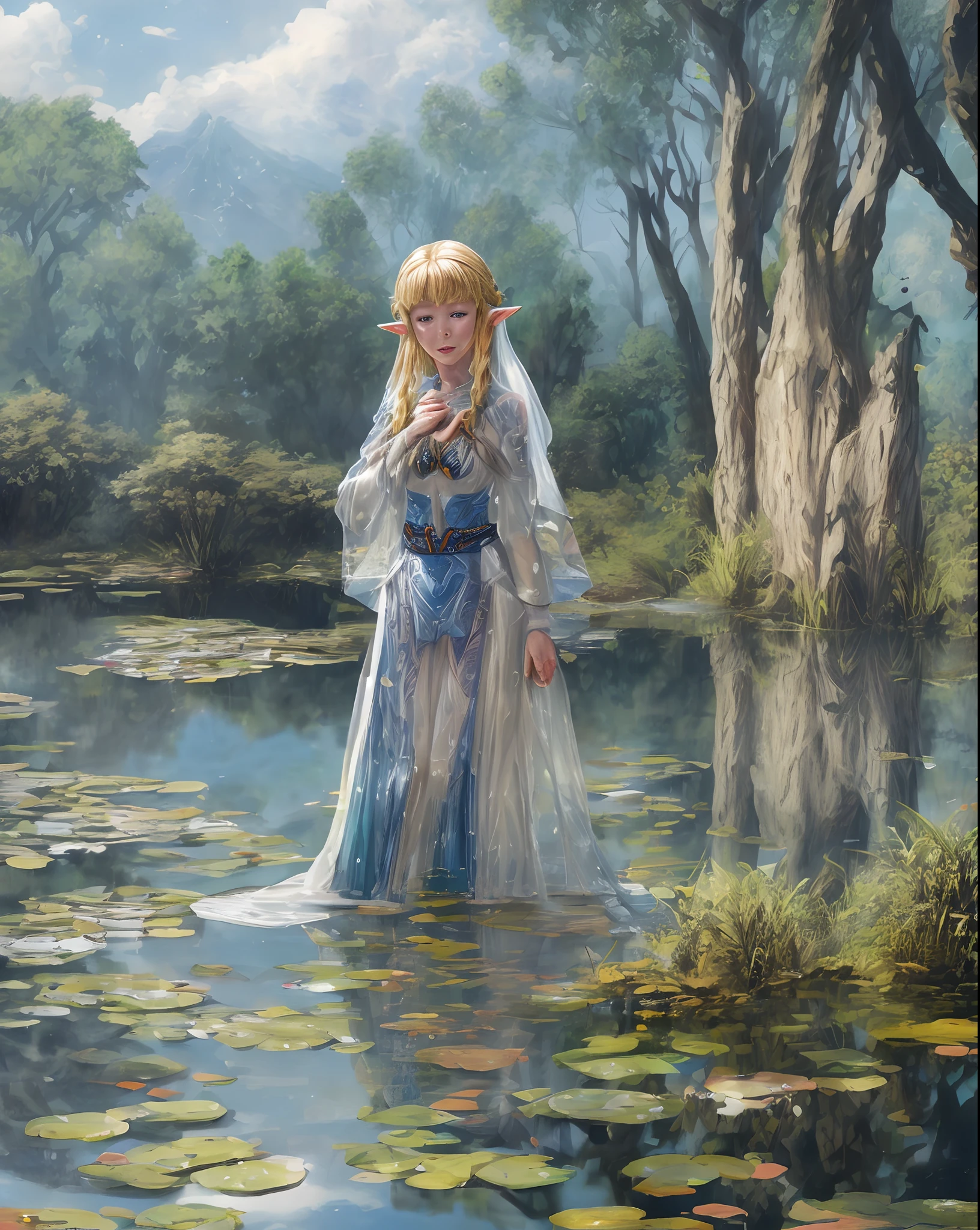 Tears of the kingdom Zelda wearing transparent clothing in a pond