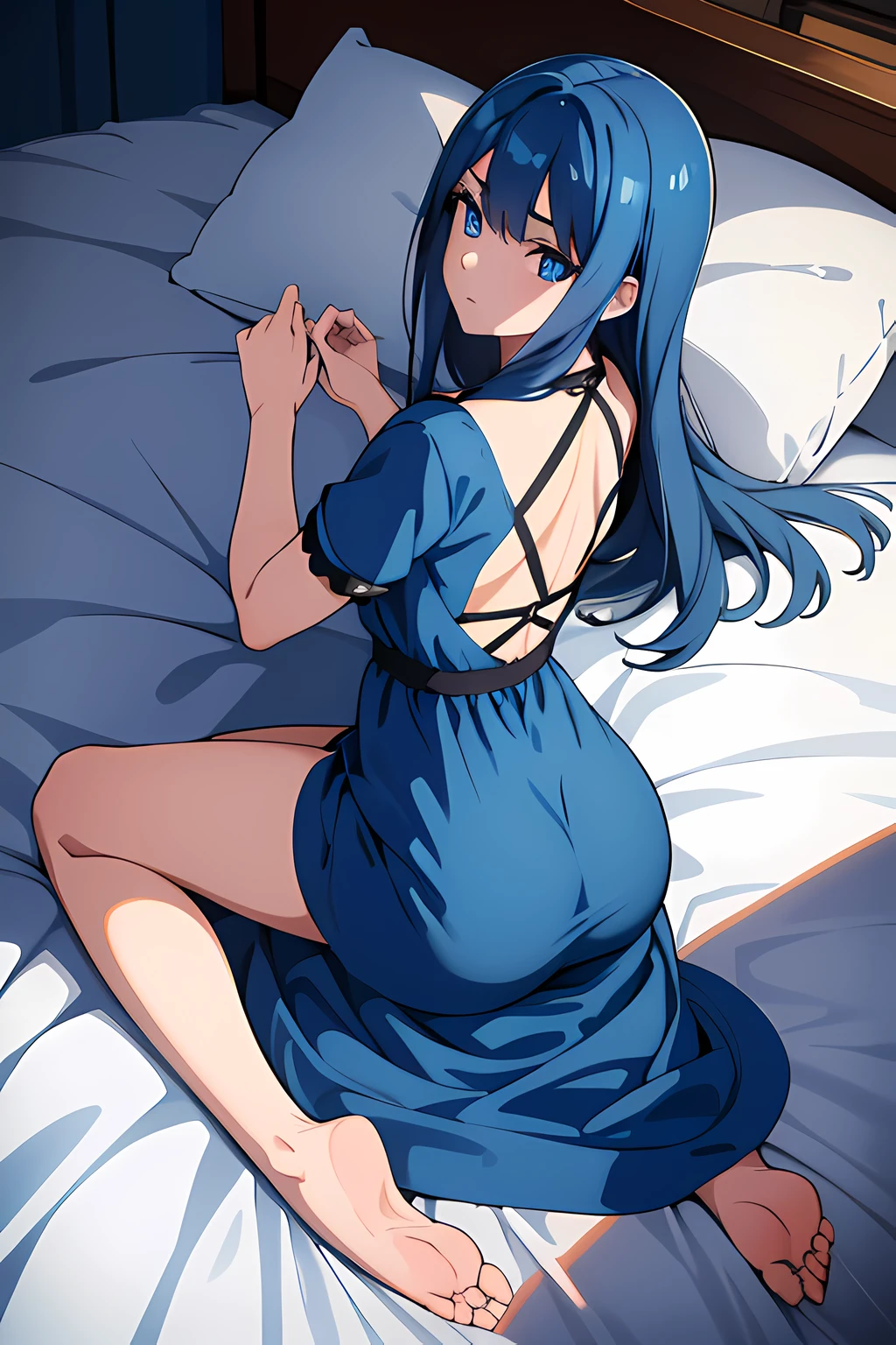 A girl lying in bed，Face up，Raise your legs slightly，Front view super detailed beautiful big breasted girl . ultra HD, 4K, 8k, Movie，whole body，Lying down，Long legs，Very big breasts，Whole body capture，（（（Lying in bed））），（（（whole bodyLying in bed））），Blue bed，Off-shoulder，Shoulder to shoulder，Lying in bed，Sleeping on the pillow，Lying down，Headrest pillows，Blue long skirt