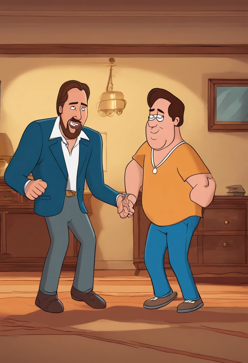 Nicolas cage, dancing, in the house from family guy, while Peter giphin watches.