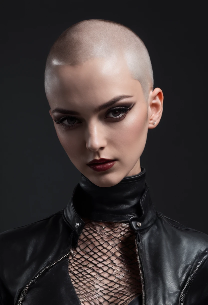 Beautiful shaved head woman with piercings dressed in leather jacket and fishnet bodysuit posing for a photo in a dark studio, black make-up, techno aesthetic, sensual pose, ultra detailed, photorealistic, masterpiece.
