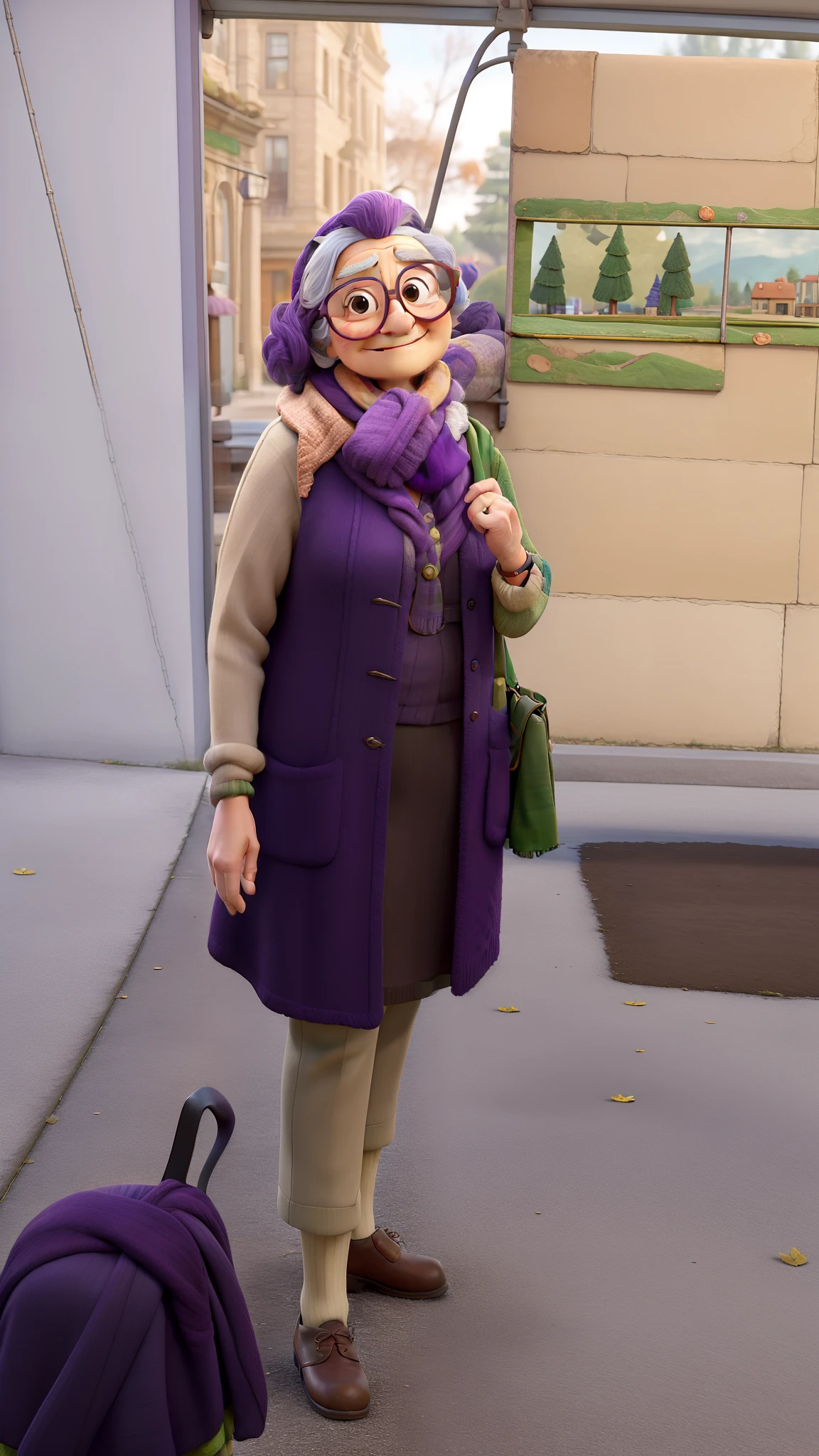 masterpiece, best quality, an old woman with glasses and a scarf on, wearing a purple coat and green scarf, standing at the park