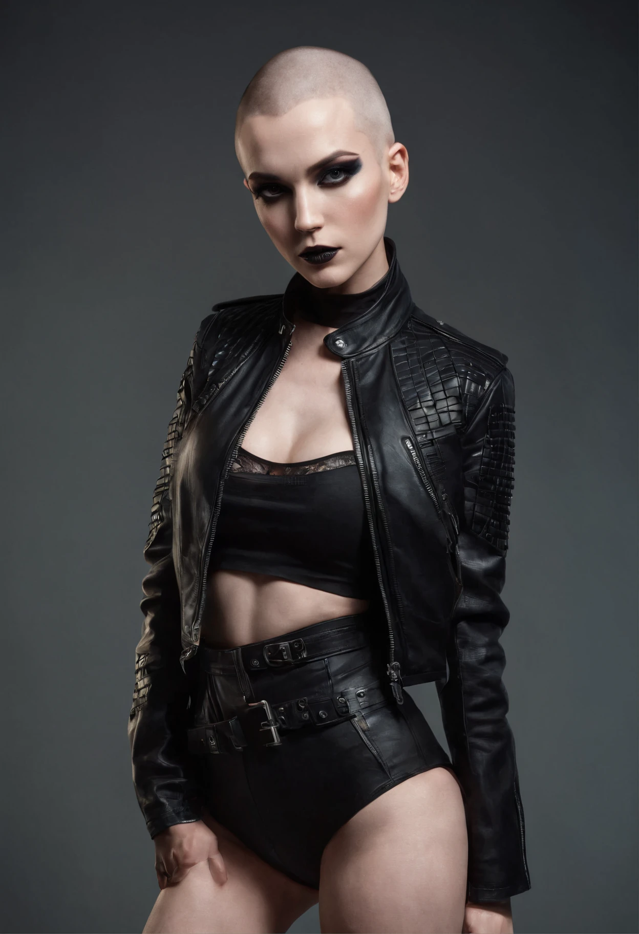 Beautiful shaved head woman with piercings dressed in leather jacket and fishnet bodysuit posing for a photo in a dark studio, black make-up, techno aesthetic, sensual pose, ultra detailed, photorealistic, masterpiece.