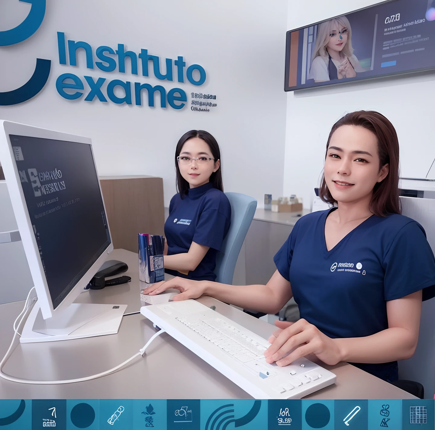 duas mulheres sorrindo sentadas em uma mesa com um computador e teclado, academia, 2995599206, imagem profissional, 3127318783, WetastudioFX, 3156350975, 2717433015