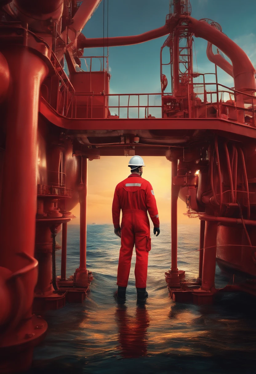 A businessman in red overalls on an oil rig in the middle of the sea in Pixar style