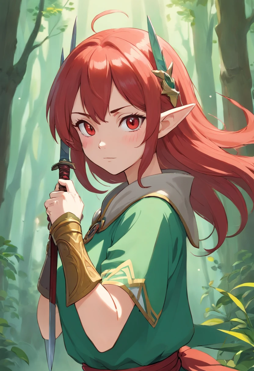 An elf girl with very short red hair, holding a dagger. Make it a bust and place the dagger somewhere close to her face. Give her rogue like clothing and a scar on her face. Make her mad and smaller eyes. Make her hair really really short, like boys hair, make her mad, and give her battle clothing. BATTLE CLOTHING. LIKE ARMOR. Put her in a battle pose. Practical battle pose.