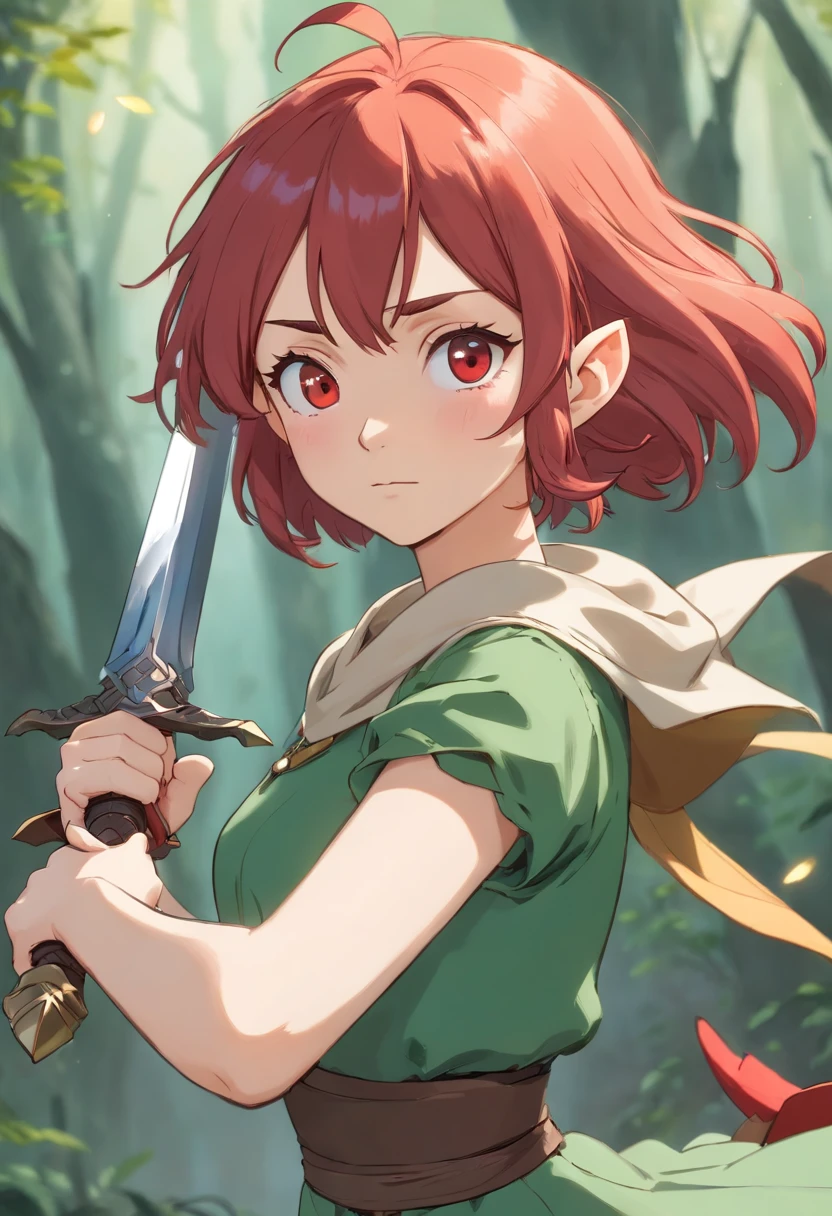 An elf girl with very short red hair, holding a dagger. Make it a bust and place the dagger somewhere close to her face. Give her rogue like clothing and a scar on her face. Make her mad and smaller eyes. Make her hair really really short, like boys hair, make her mad, and give her battle clothing. BATTLE CLOTHING. LIKE ARMOR. Put her in a battle pose. Practical battle pose.
