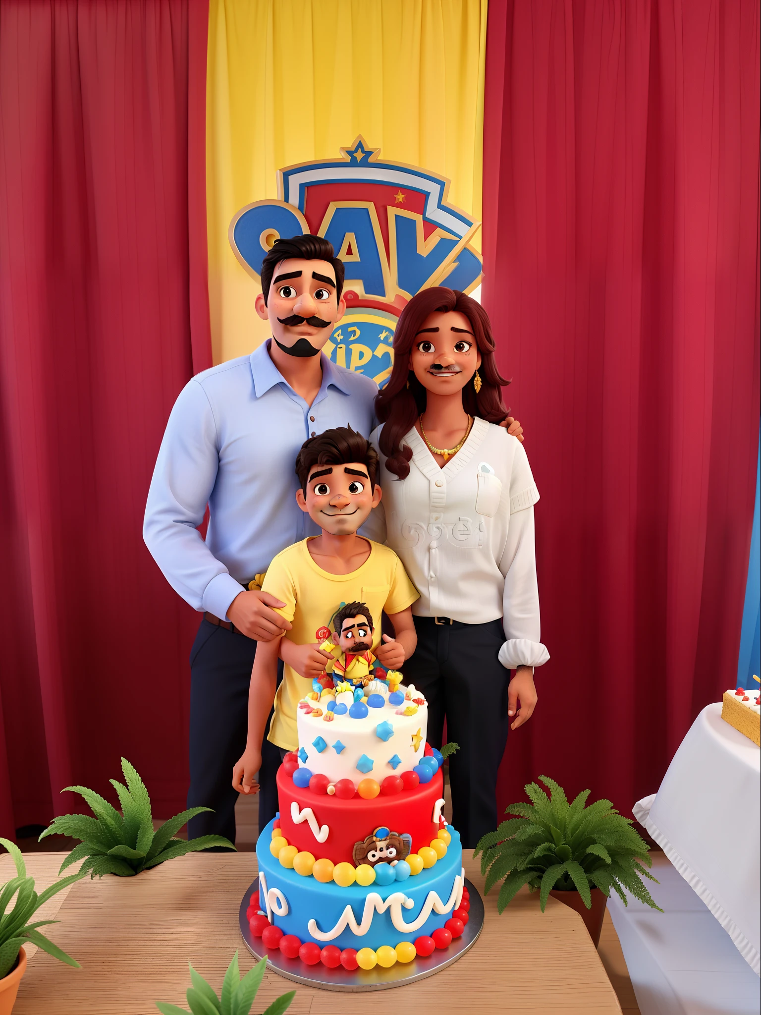 Homem com bigode e cavanhaque. Beautiful woman and 6-year-old child celebrating birthday