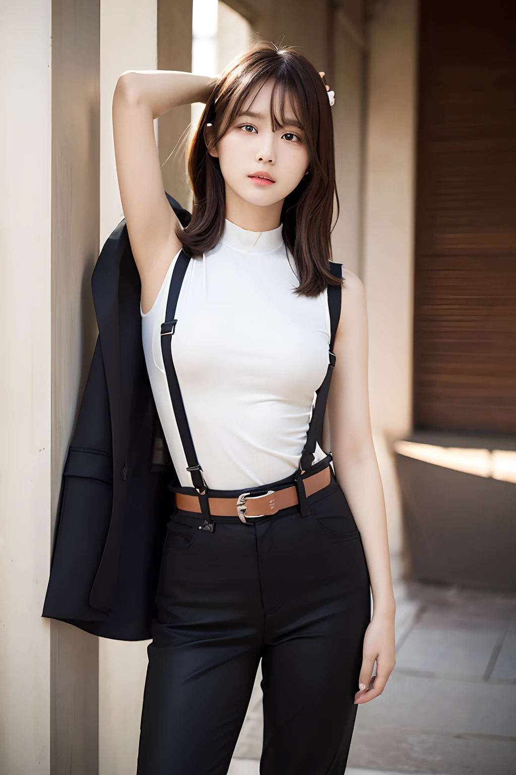 masterpiece、flat-colors、depth of fields、lens flare 1 girl、、Brown hair、watching at viewers a belt black suspenders large full breasts Armpit sweat perspiring Side of both hands walls: Black pants, Black jacket holster Leg holster arma Gaze Small face bangss