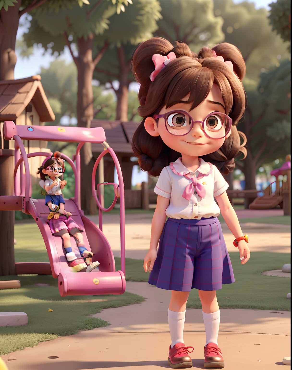 A -yead witied hair and big eyes, Wearing Minnie's clothes playing in a playground and glasses